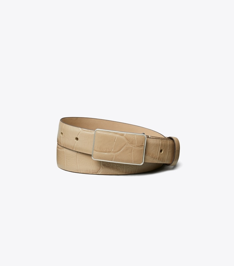 Tory Burch designer ceintures Ceinture à plaque effet croco dans Light Hickory de face
