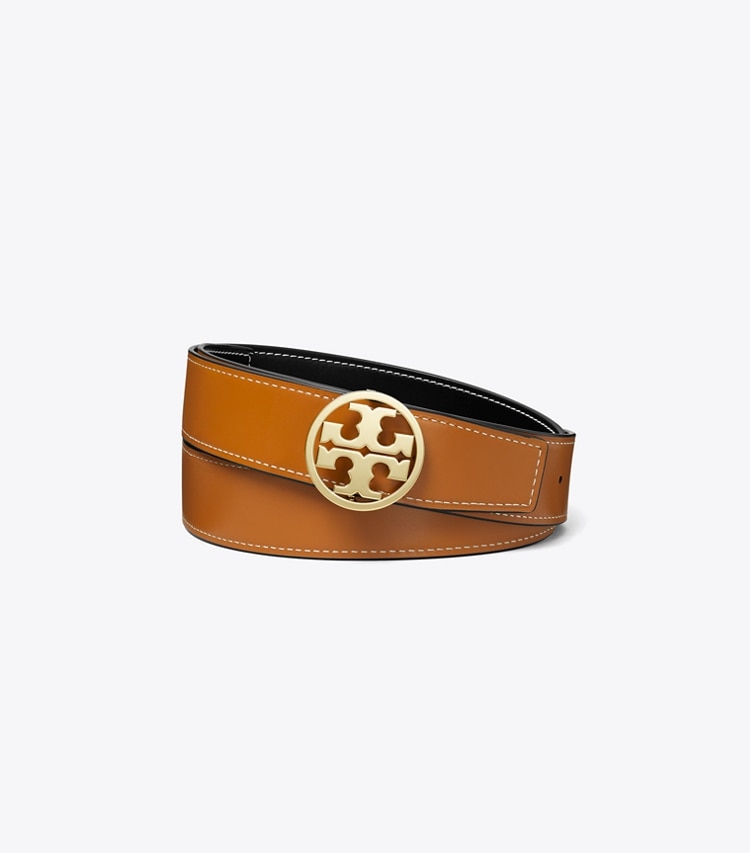 Tory Burch designer ceintures Ceinture réversible Miller lisse 1,5 po dans Black / Malt Whiskey / Gold retour