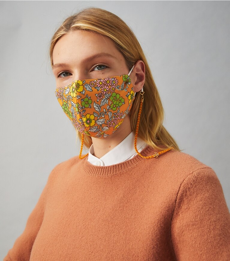 Tory Burch designer colliers Chaînette tressée pour masque in Rolled Brass/Tuscan Wine/Morning Glory front