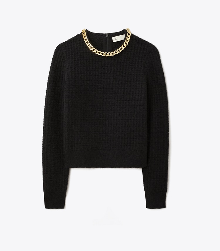Tory Burch designer sweaters Chain Crewneck Pullover in Black front