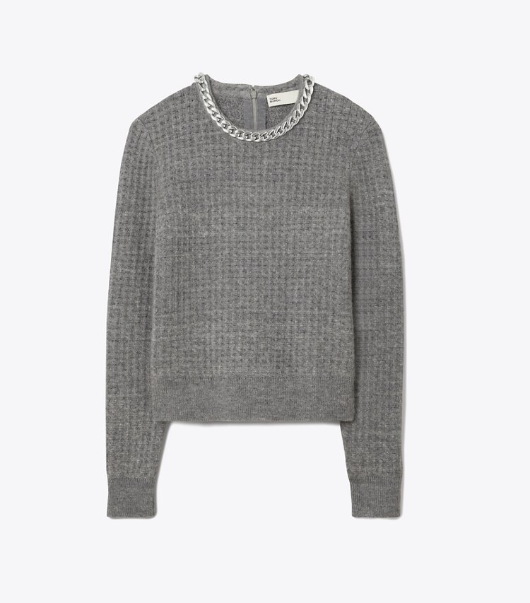 Tory Burch designer sweaters Chain Crewneck Pullover in Mineral Gray front