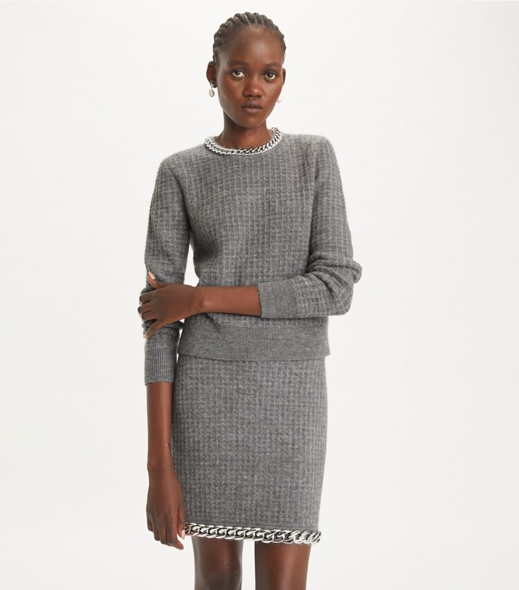 Tory Burch designer sweaters Chain Crewneck Pullover in Mineral Gray on model detail