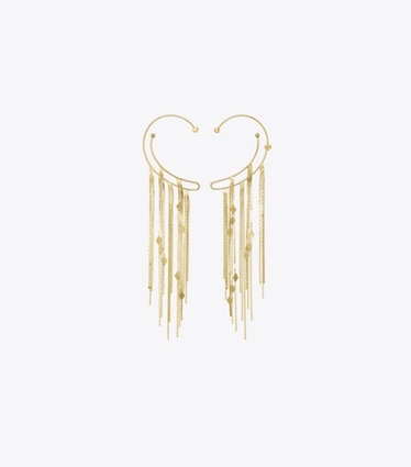 Tory Burch designer イヤリング＆ピアス チェーン イヤーカフ in Light Brass / Crystal front