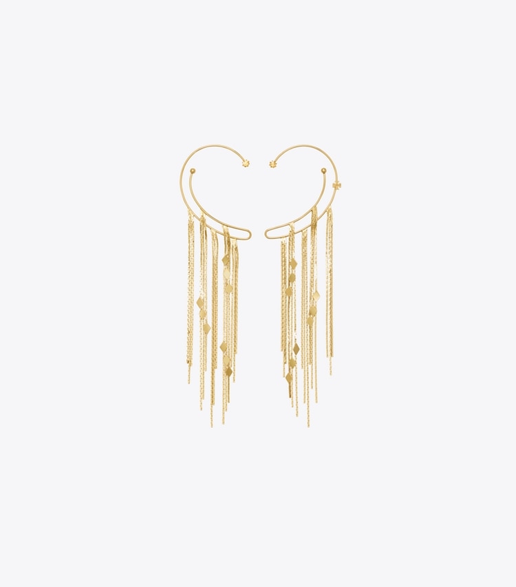 Tory Burch designer earrings Chain Ear Cuff in Light Brass / Crystal front