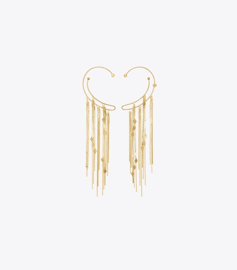 Tory Burch designer earrings Chain Ear Cuff in Light Brass / Crystal front