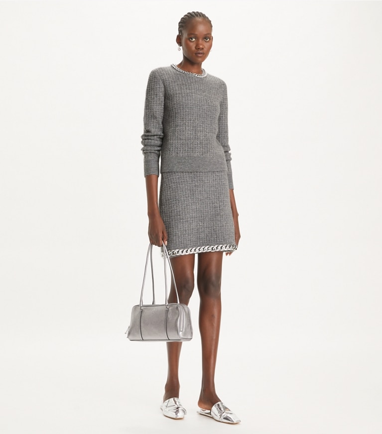 Tory Burch designer bottoms Chain Mini Skirt in Mineral Gray front