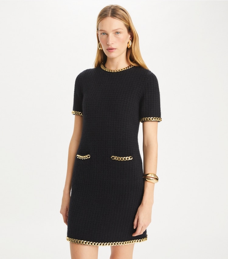 Tory Burch designer dresses Chain Wool Dress in Black on model detail