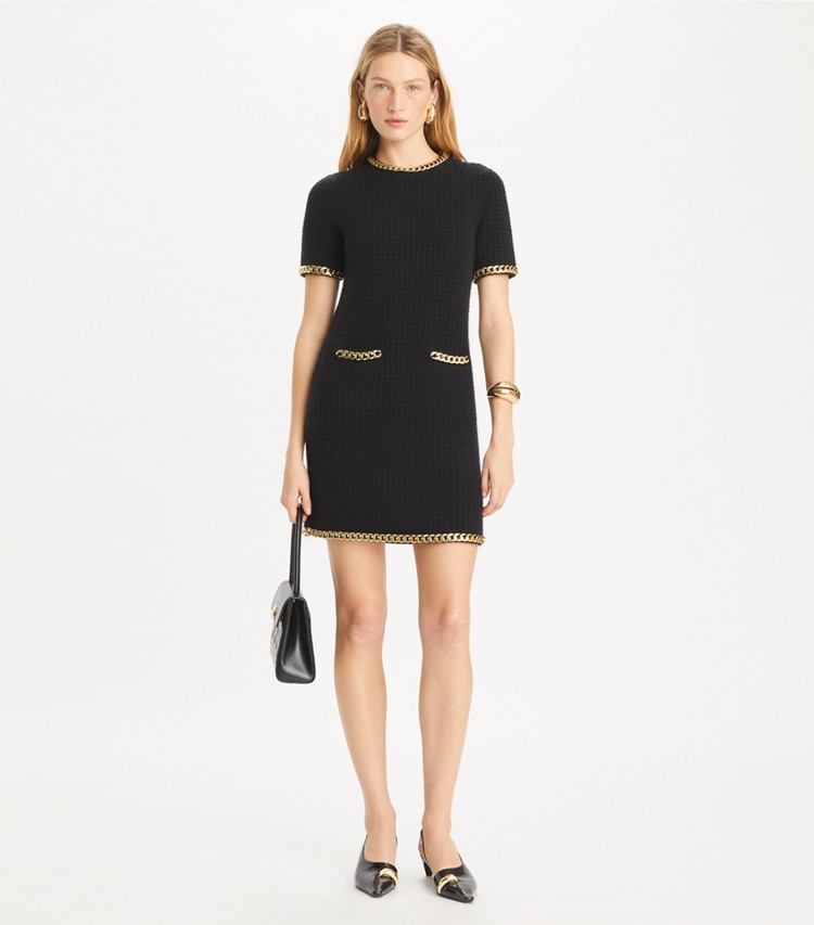 Tory Burch designer dresses Chain Wool Dress in Black on model front