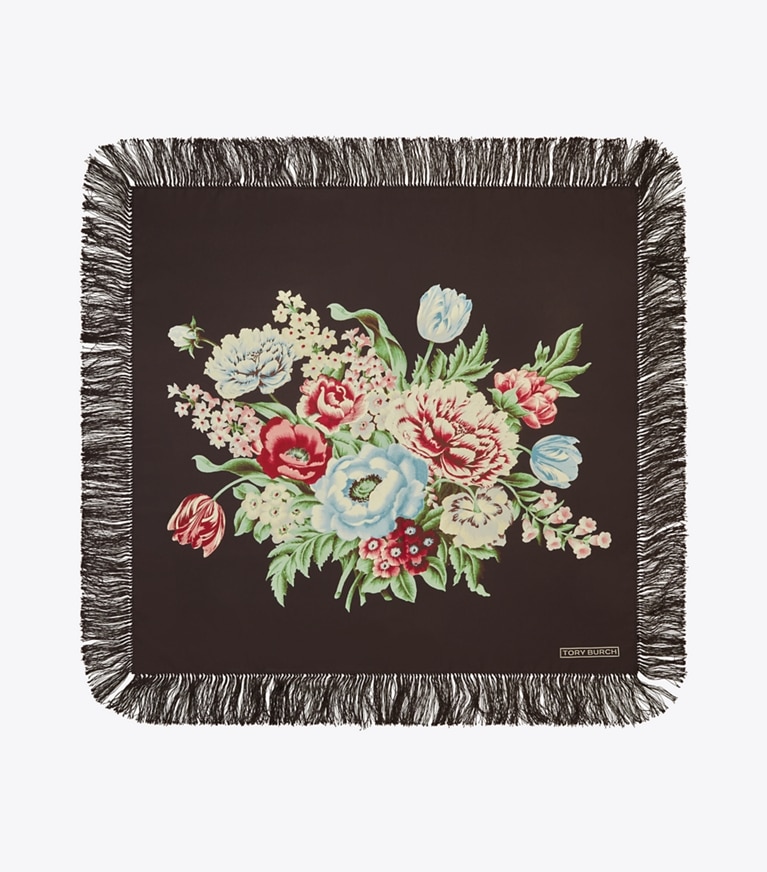 Tory Burch designer scarves Chair Floral Silk Square in Black Chair Floral overhead
