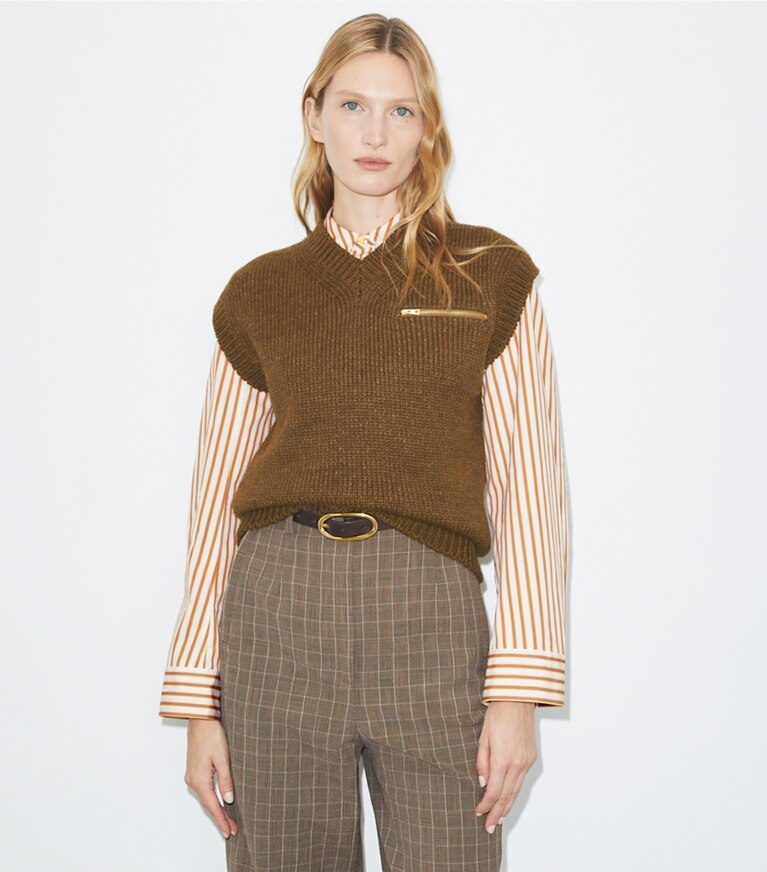 Tory Burch diseñador suéteres Chaleco de lana en Brown detalle en modelo