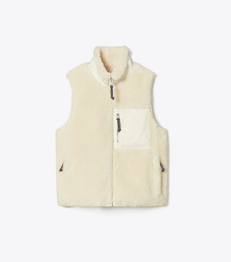 Tory Burch diseñador abrigos Chaleco polar con bloques de color en Ivory frontal