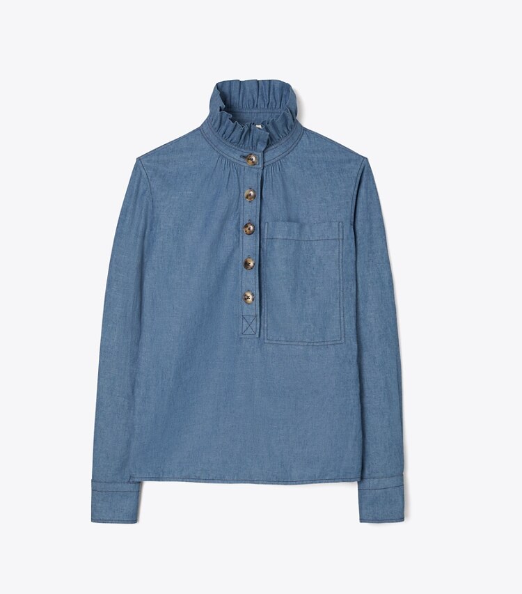 Tory Burch designer tops Chambray Ruffle Neck Blouse in DARK CHAMBRAY front