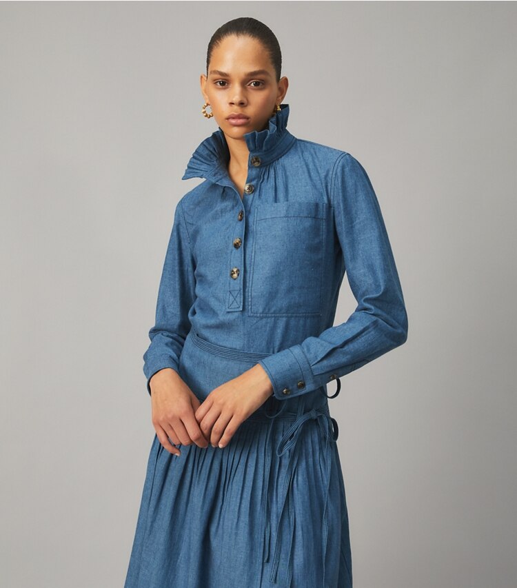Tory Burch designer tops Chambray Ruffle Neck Blouse in DARK CHAMBRAY on model detail