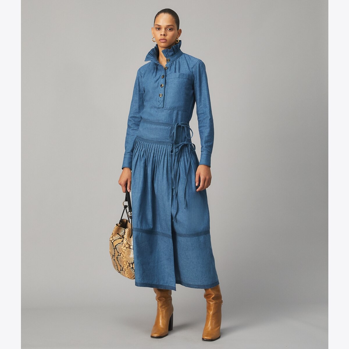Chambray Ruffle Neck Blouse: Women's Designer Tops | Tory Burch