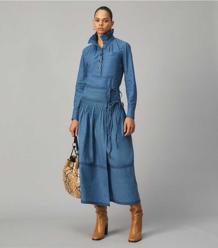 Tory Burch designer tops Chambray Ruffle Neck Blouse in DARK CHAMBRAY on model front