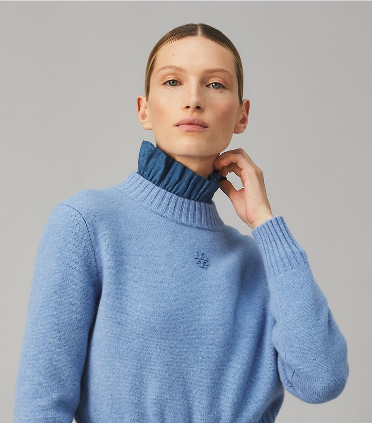 Tory Burch designer tops Chambray Ruffle Neck Blouse in DARK CHAMBRAY front