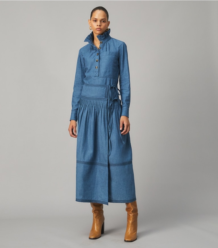 Tory Burch designer bottoms Chambray Tiered Skirt in DARK CHAMBRAY front