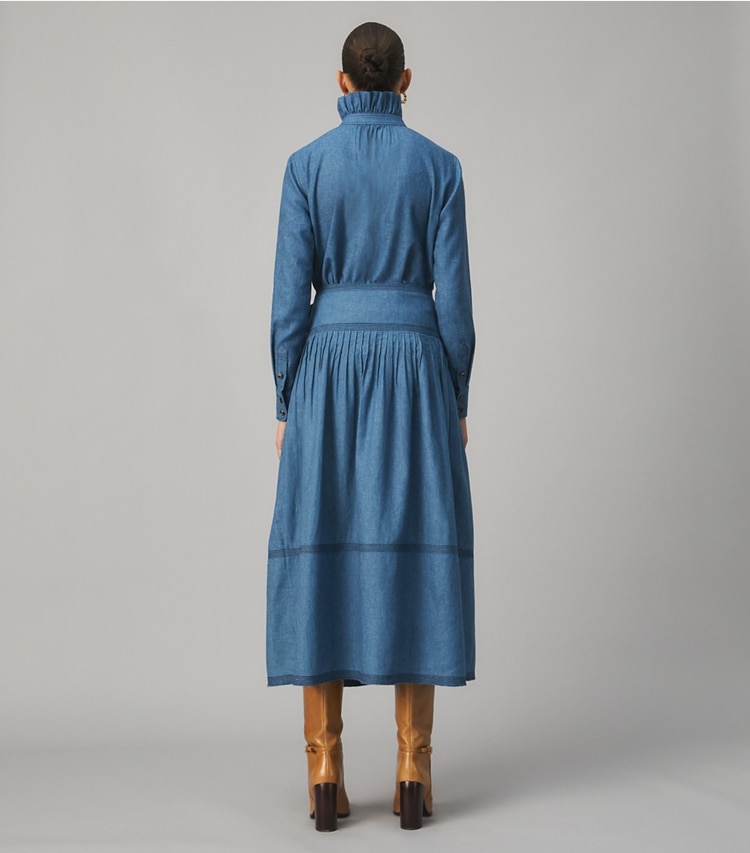 Tory Burch designer bottoms Chambray Tiered Skirt in DARK CHAMBRAY on model back