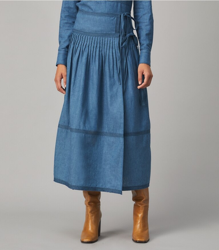 Tory Burch designer bottoms Chambray Tiered Skirt in DARK CHAMBRAY front