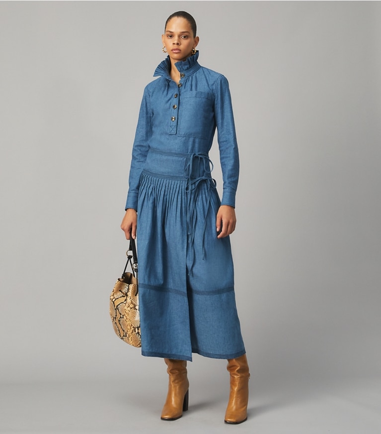 Tory Burch designer bottoms Chambray Tiered Skirt in DARK CHAMBRAY front