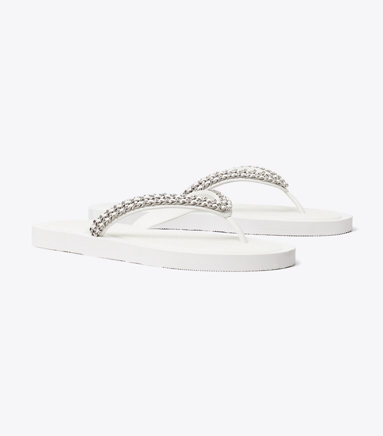 Tory Burch diseñador sandalias Chancla con cadena Kira en WHITE ángulo