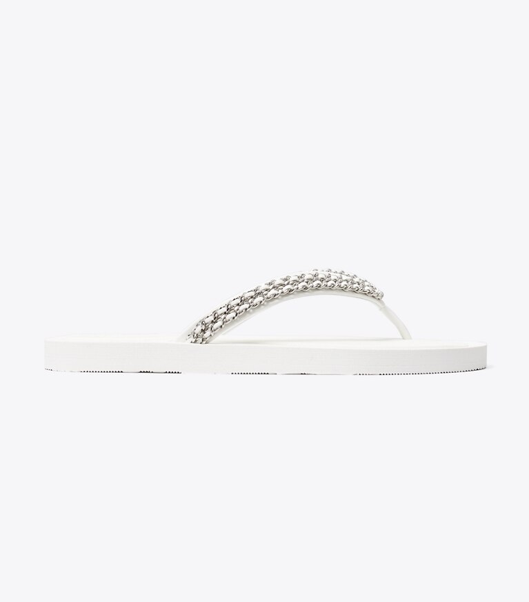 Tory Burch diseñador sandalias Chancla con cadena Kira en WHITE lateral