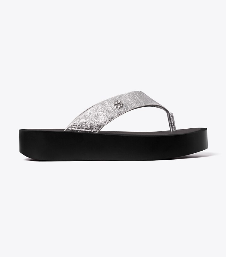 Tory Burch diseñador sandalias Chancla de piel con plataforma en SILVER / PERFECT BLACK / SILVER lateral