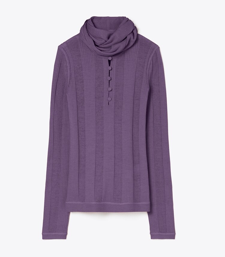 Tory Burch designer sweaters Chandail à côtes fines noué à l’avant dans Violet de face