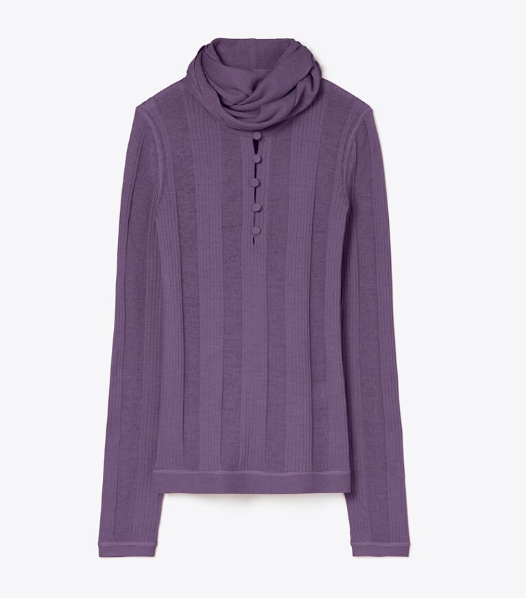 Tory Burch designer sweaters Chandail à côtes fines noué à l’avant dans Violet de face