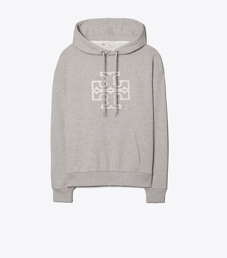 Tory Burch designer sweaters Chandail à capuchon à logo en molleton épais dans Medium Grey Heather de face