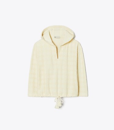Tory Burch designer paréos Chandail à capuchon à logo en tissu éponge jacquard dans NEW IVORY de face
