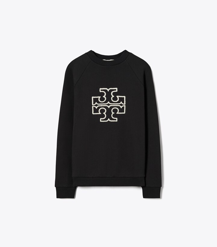Tory Burch designer sweaters Chandail à col rond à logo en molleton épais dans Black de face