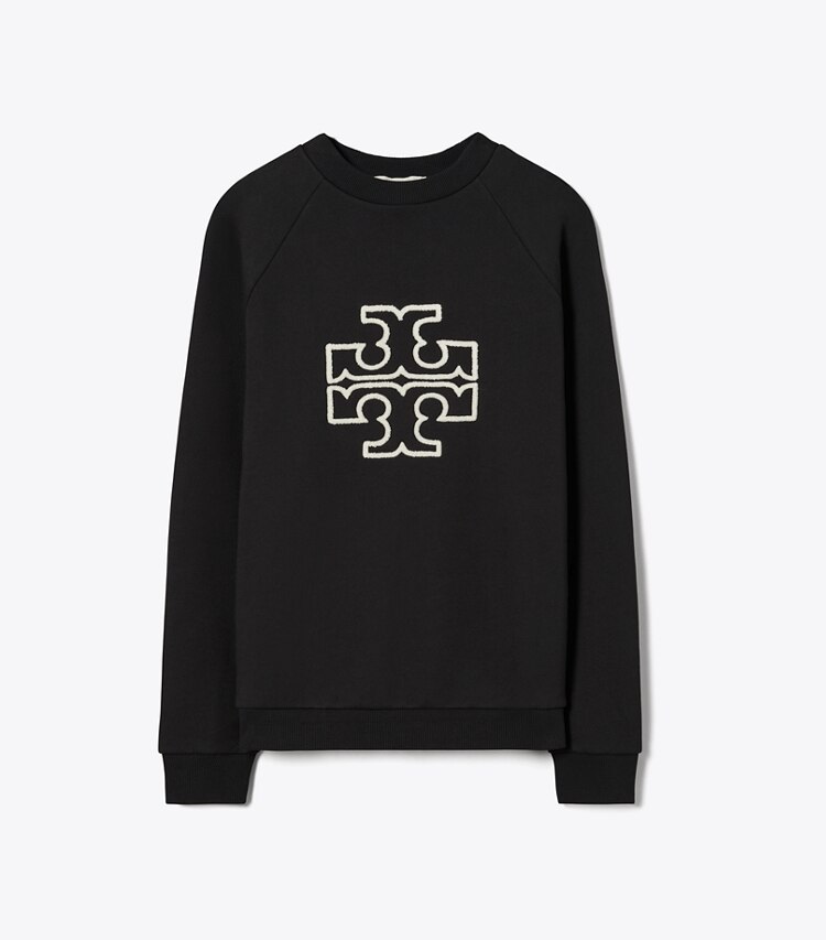 Tory Burch designer sweaters Chandail à col rond à logo en molleton épais dans Black de face
