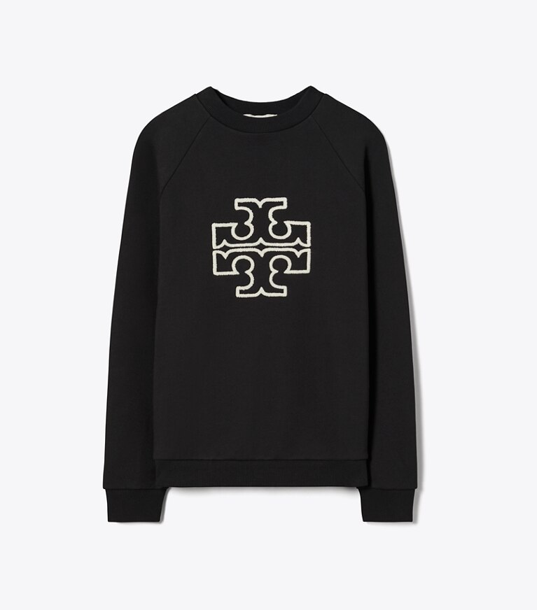 Tory Burch designer sweaters Chandail à col rond à logo en molleton épais dans Black de face