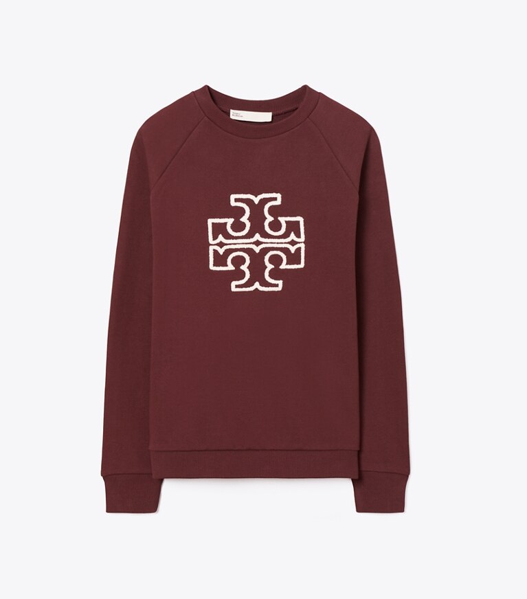 Tory Burch designer sweaters Chandail à col rond à logo en molleton épais dans Dark Sangria de face