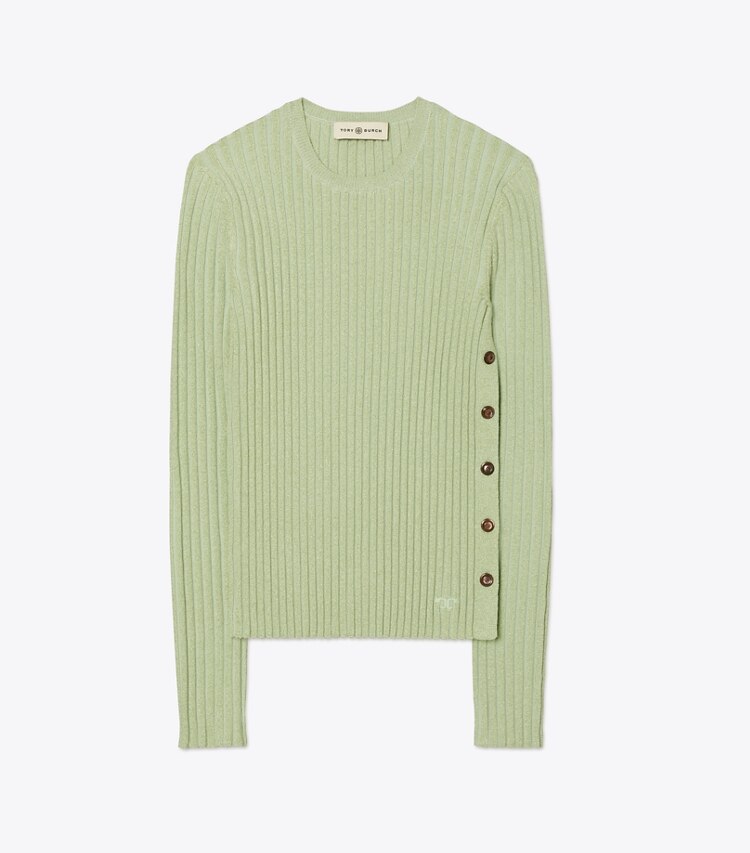 Tory Burch designer sweaters Chandail à col rond à rayures Lurex dans Clear Mint de face