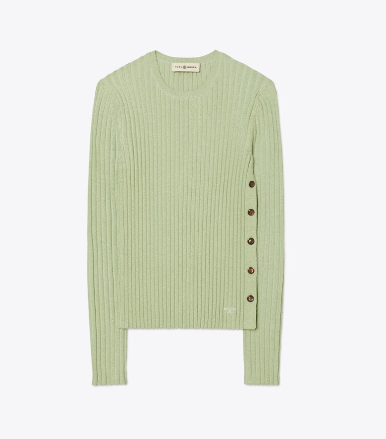 Tory Burch designer sweaters Chandail à col rond à rayures Lurex dans Clear Mint de face