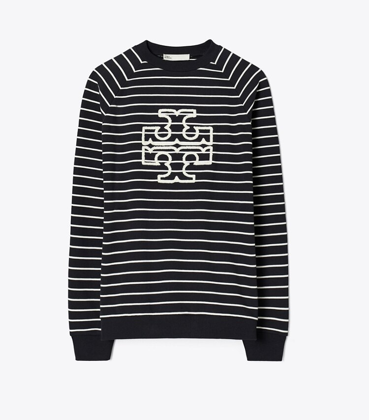 Tory Burch designer sweaters Chandail à col rond en molleton rayé à logo dans Black / New Ivory de face