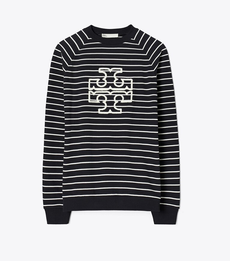 Tory Burch designer sweaters Chandail à col rond en molleton rayé à logo dans Black / New Ivory de face