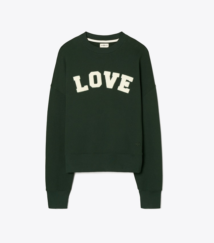 Tory Sport designer sweaters Chandail à col rond Varsity en molleton dans Conifer de face