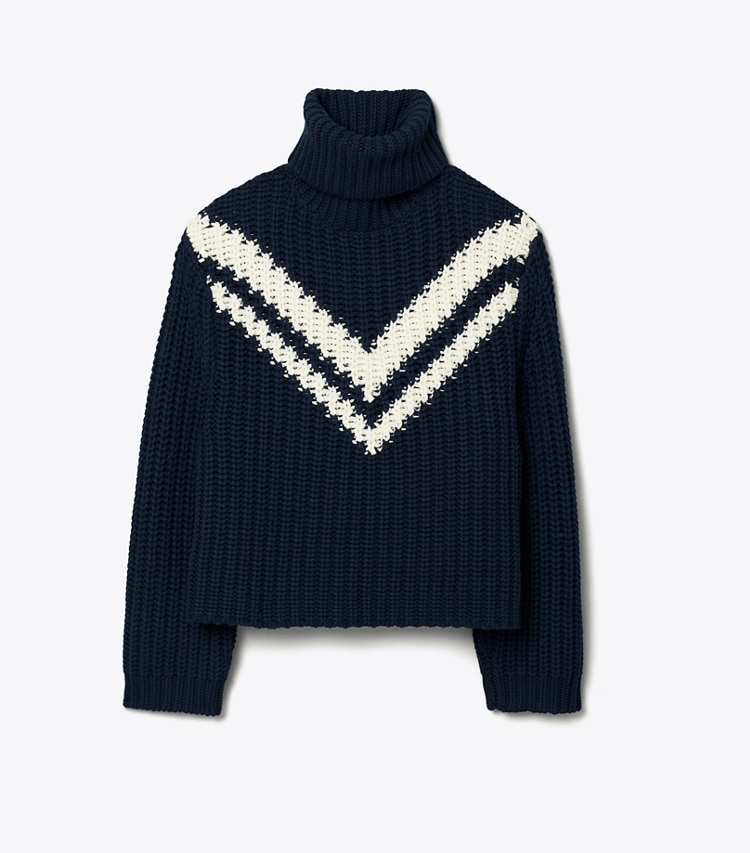 Tory Sport designer sweaters Chandail à col roulé en laine mérinos chevron dans Tory Navy de face