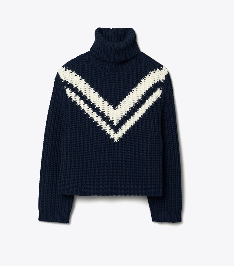 Tory Sport designer sweaters Chandail à col roulé en laine mérinos chevron dans Tory Navy de face