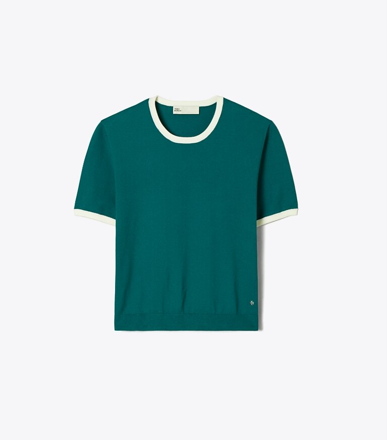 Tory Burch designer sweaters Chandail à manches courtes à bordure contrastante dans Emerald de face