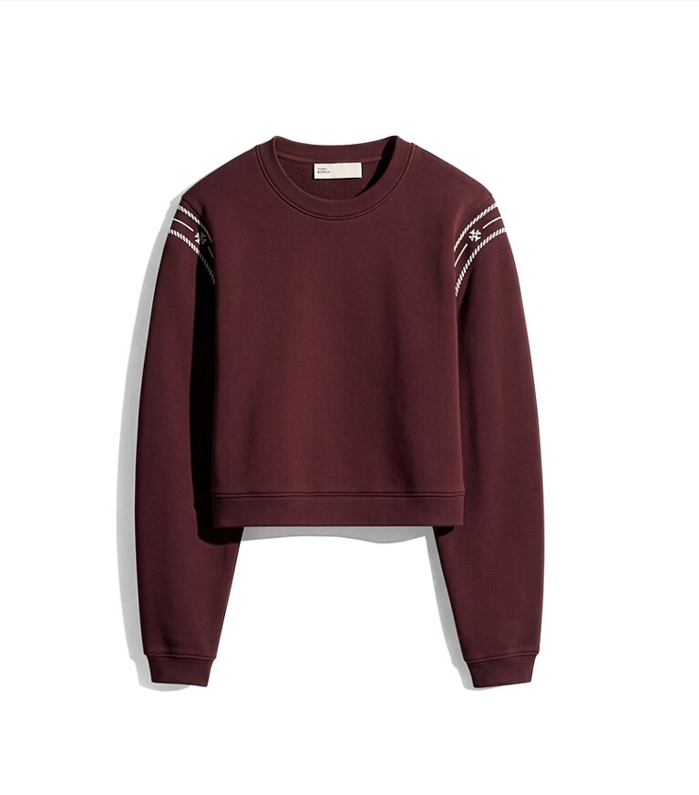 Tory Burch designer sweaters Chandail en coton bouclette à broderie dans Merlot supplémentaire