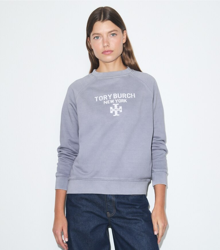 Tory Burch designer sweaters Chandail en coton effet usé dans VAPOR BLUE détail sur modèle
