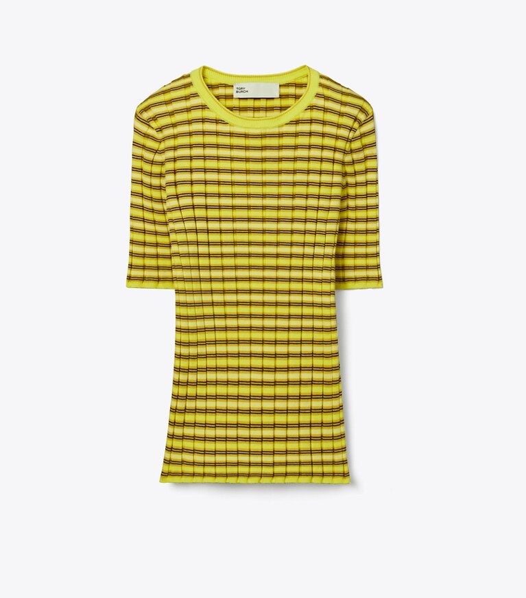 Tory Burch designer sweaters Chandail en coton rayé dans Vibrant Lemon Yellow / Wax Bean Yellow de face