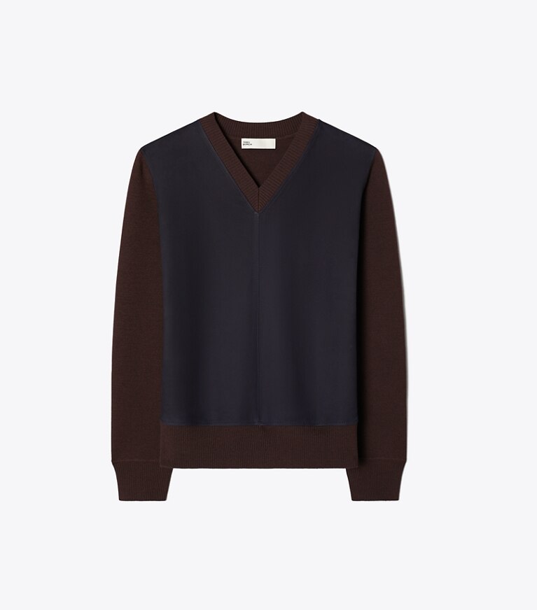 Tory Burch designer sweaters Chandail en laine à devant en suède dans Classic Brown de face