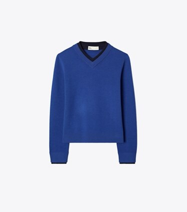 Tory Burch designer sweaters Chandail en laine à encolure en V et à double col dans Dot Blue / Deep Navy de face