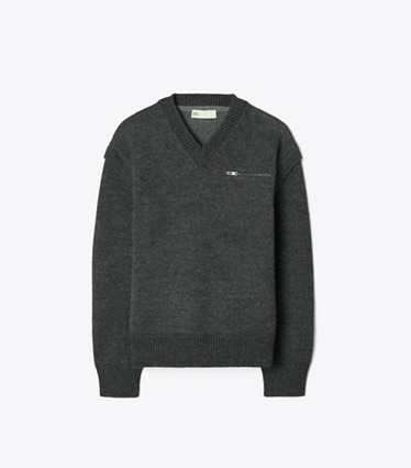 Tory Burch designer sweaters Chandail en laine à encolure en V dans Dark Gray Melange de face