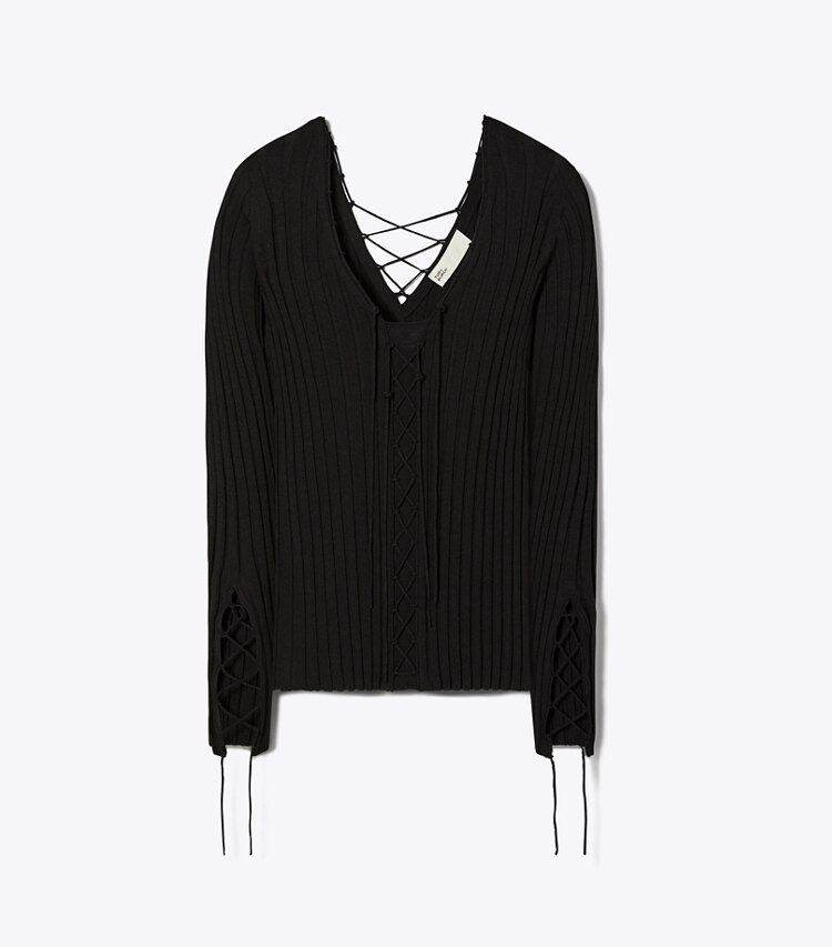 Tory Burch designer sweaters Chandail en laine à lacets dans Black de face